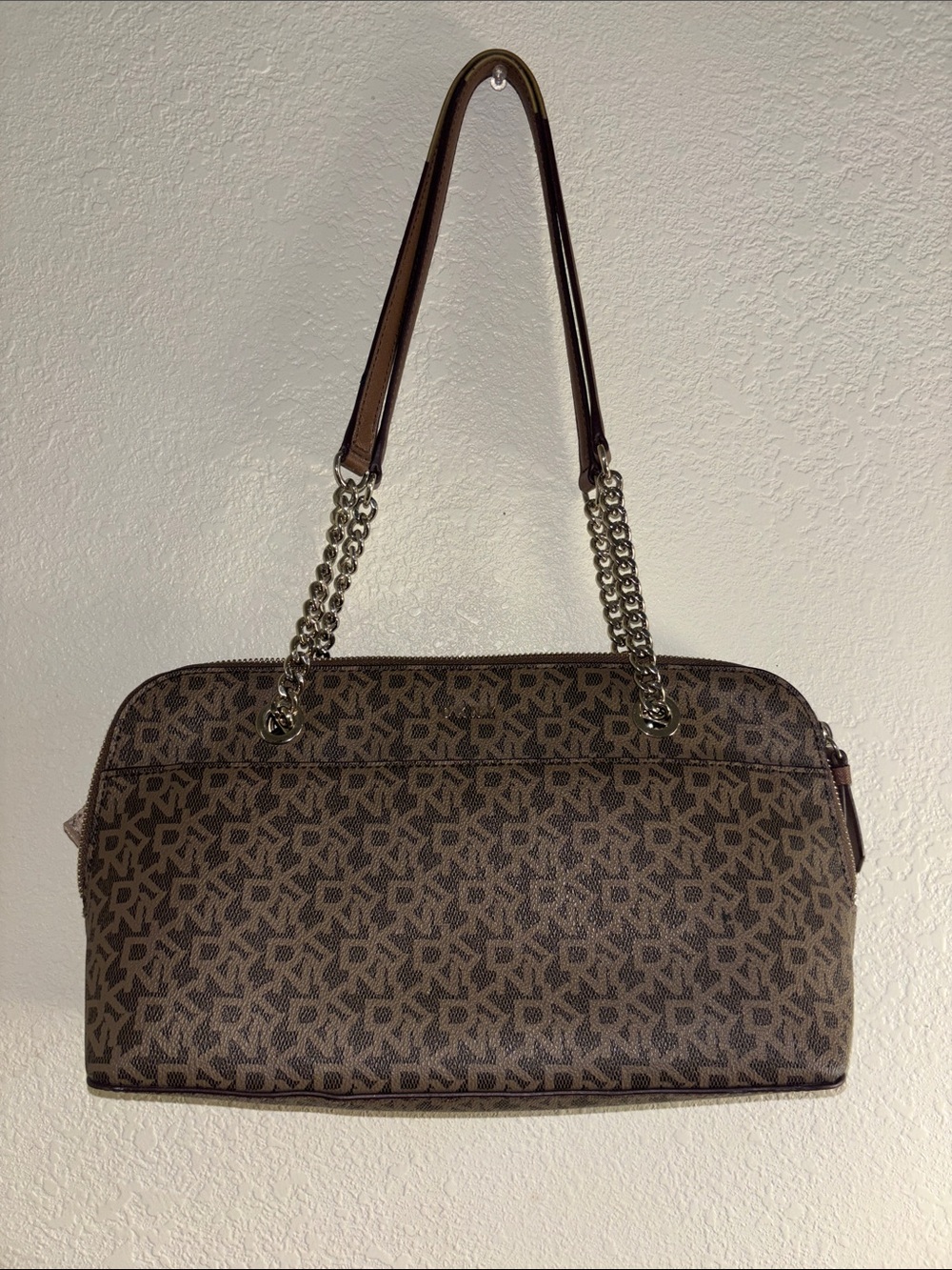 DKNY Brown Monogram Chain-Accent Shoulder Bag